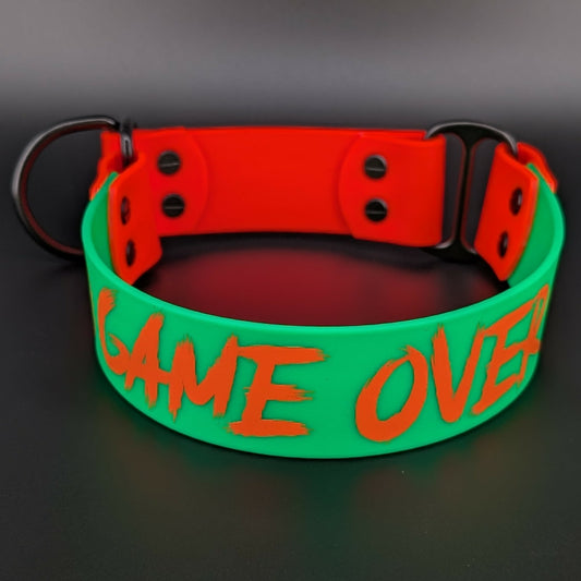 Ready to Ship - Light Green and Orange Biothane GAME OVER Limited Slip Collar, 1.5 inch wide 17 inch circumference