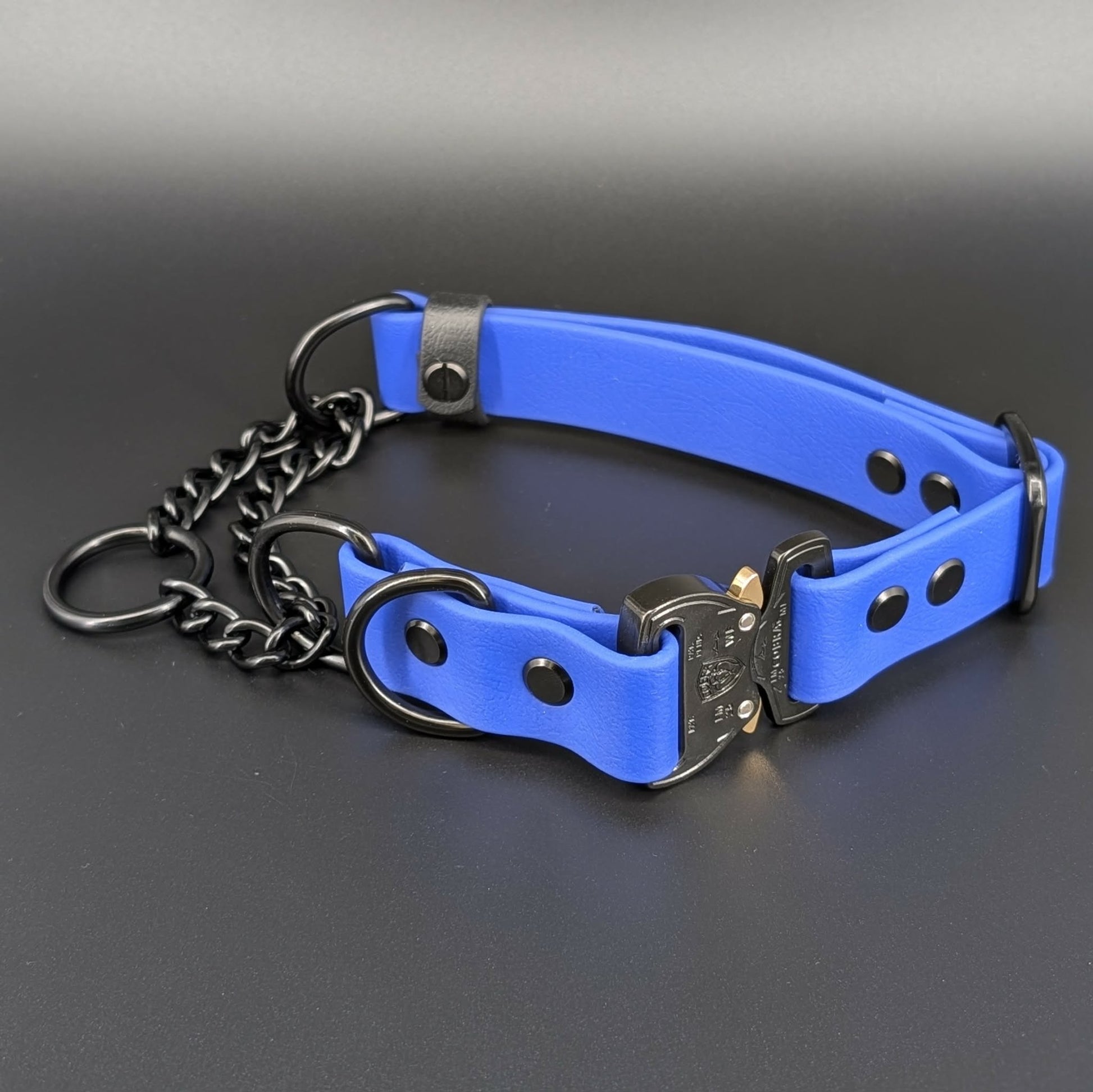 royal blue and black biothane chain martingale dog collar with quick release cobra buckle and black hardware