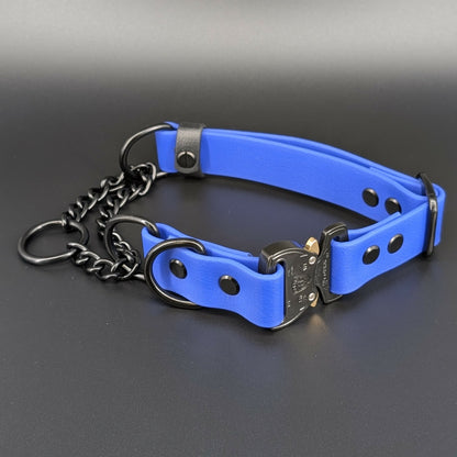 royal blue and black biothane chain martingale dog collar with quick release cobra buckle and black hardware