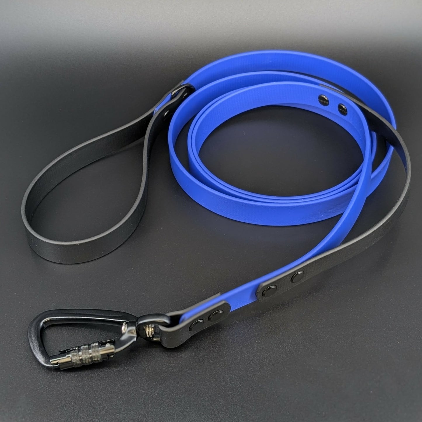 royal blue and black biothane dog leash with traffic handle and carabiner clip