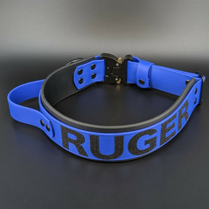 royal blue and black layered biothane dog collar with tactical handle and quick release cobra buckle and custom glitter text