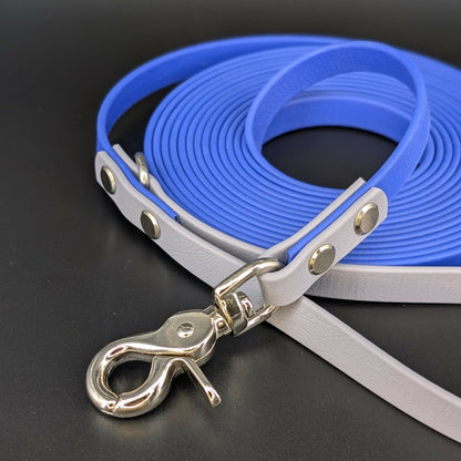 royal blue and gray biothane long line with silver trigger snap