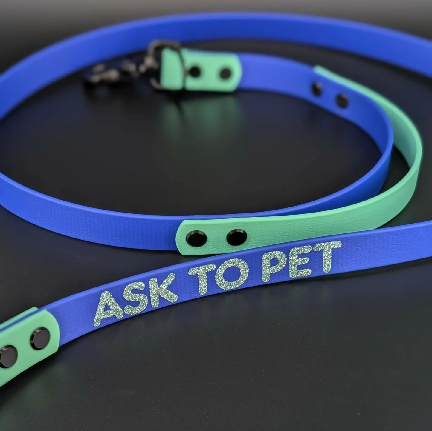 royal blue and mint green biothane hands free dog leash with built in traffic handle and personalized text reading ask to pet