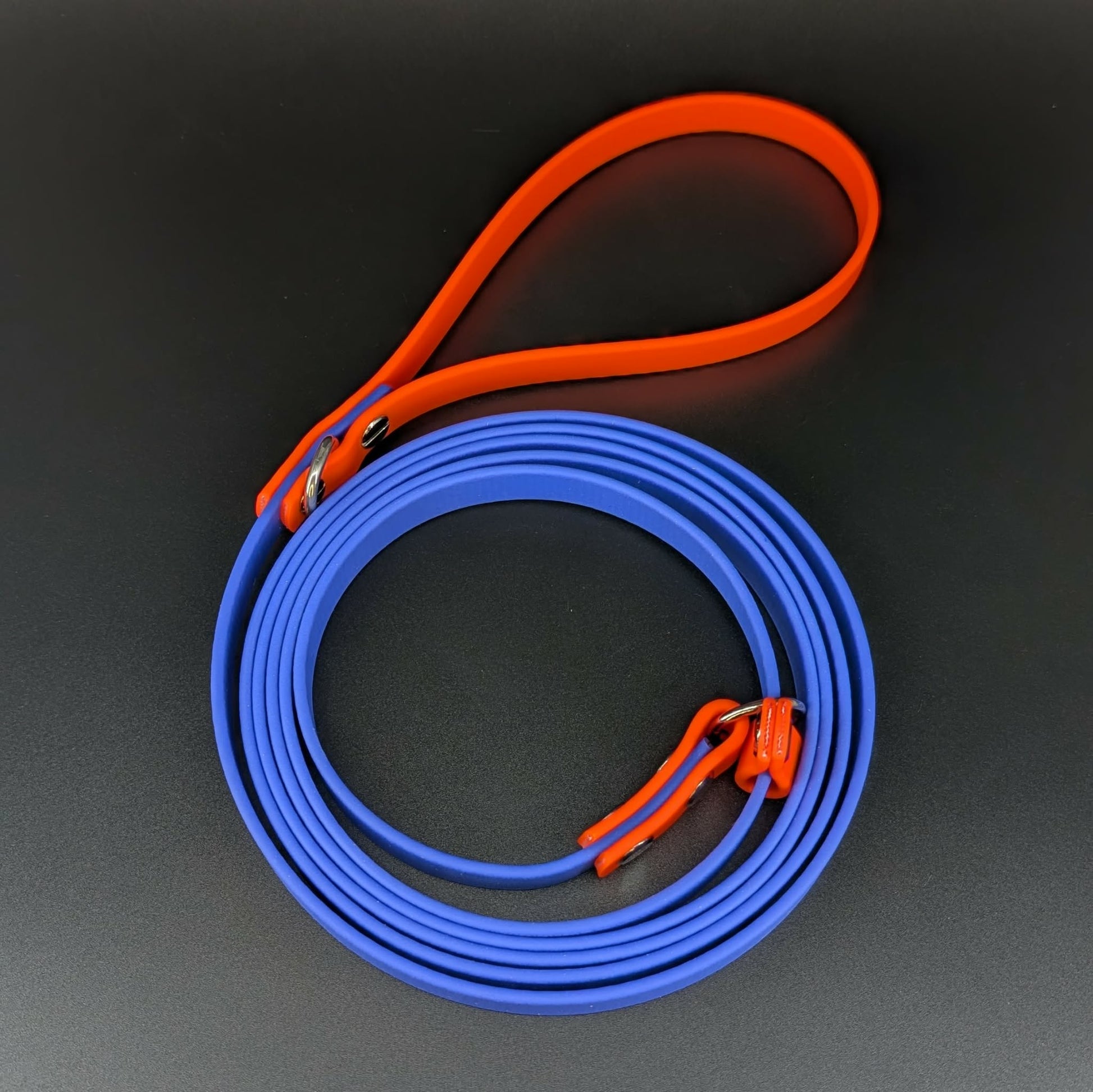 royal blue and orange biothane slip leash