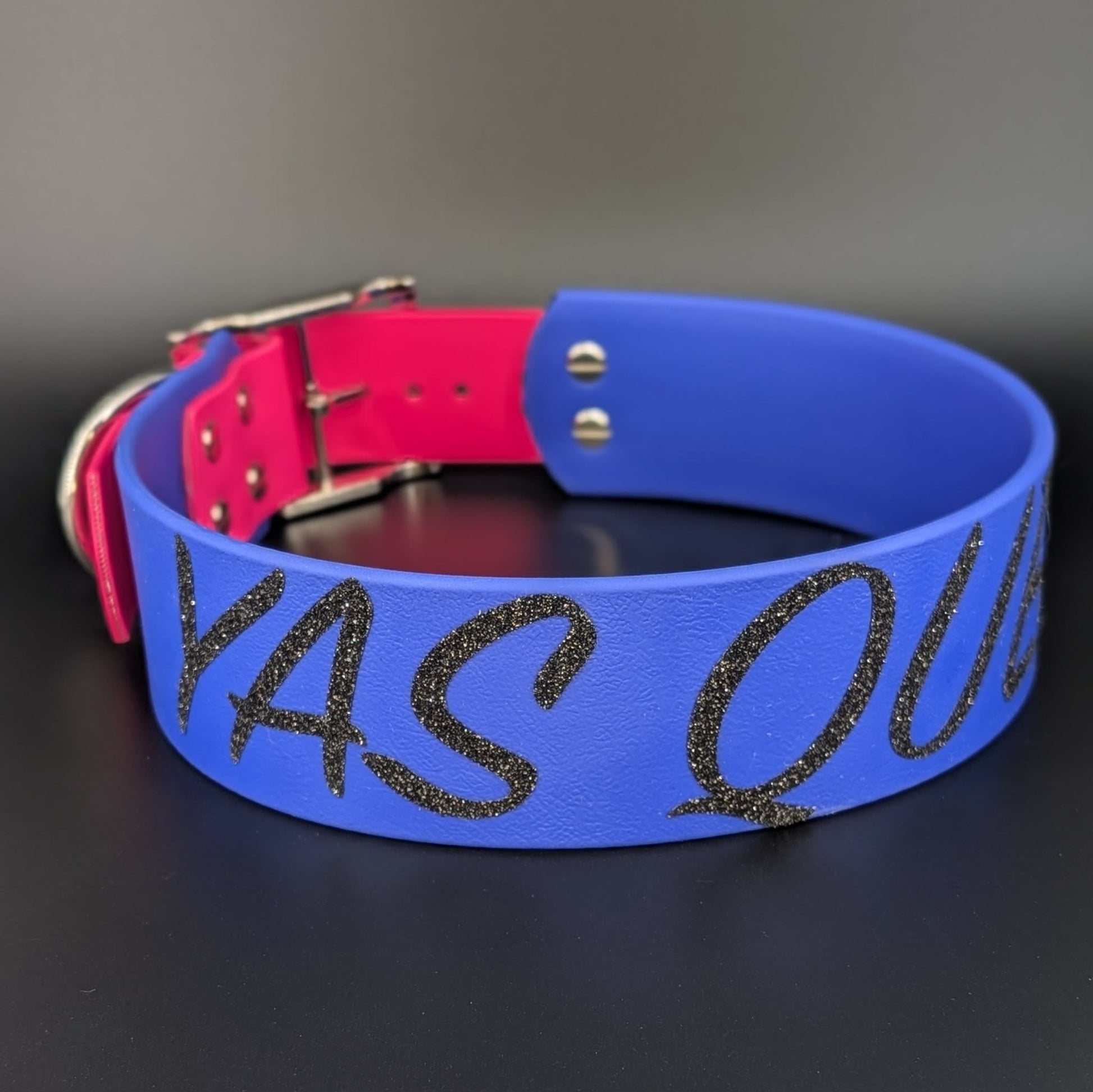 royal blue and pink biothane tapered biothane dog collar with custom text