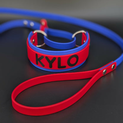 royal blue and red layered biothane French martingale with custom text