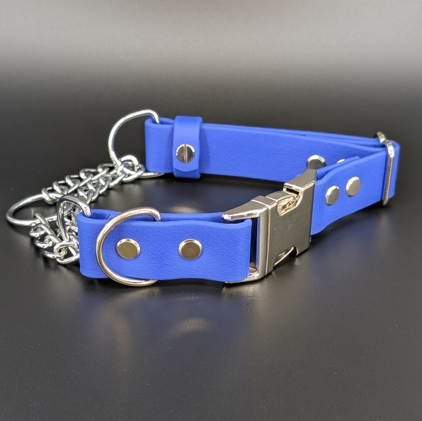 royal blue biothane chain martingale dog collar with quick release buckle