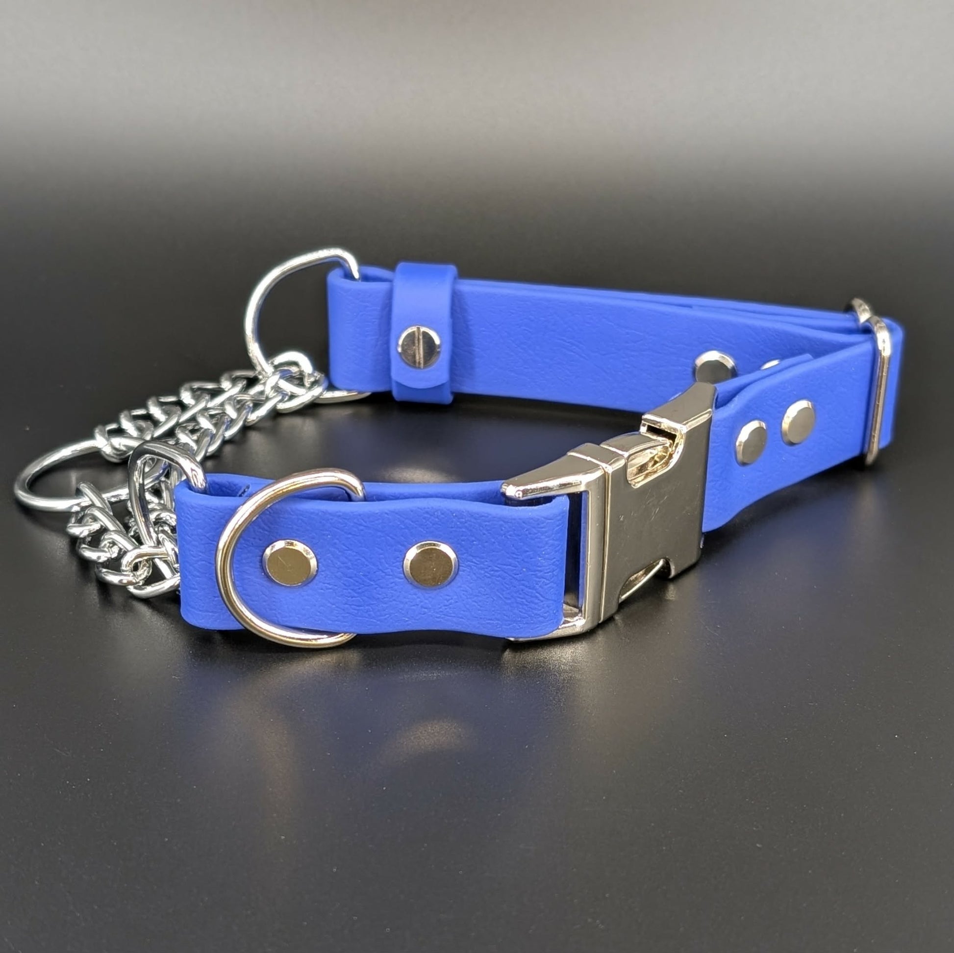 royal blue biothane chain martingale dog collar with quick release buckle