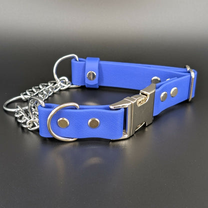 royal blue biothane chain martingale dog collar with quick release buckle