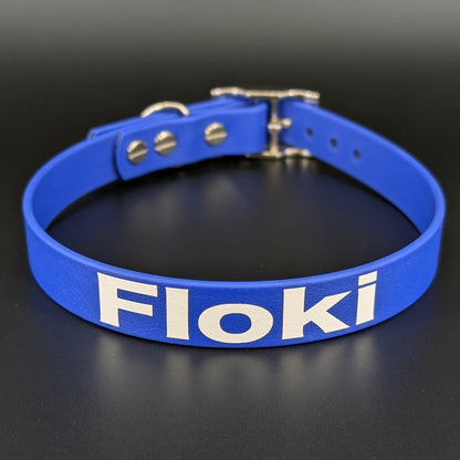 royal blue biothane dog collar with custom name