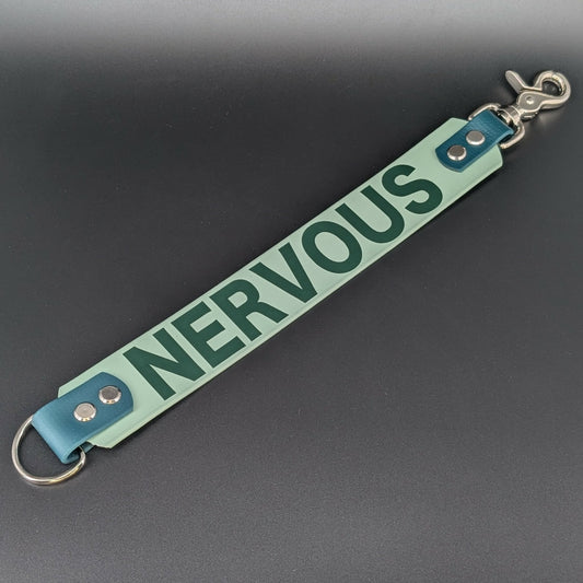 sage and dark green biothane leash extender with nervous text