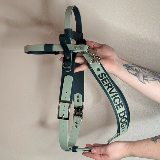 sage and dark green biothane mobility service dog harness with counterbalance handle and pull strap