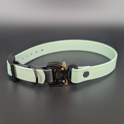sage green and black biothane e-collar strap with black quick release cobra buckle