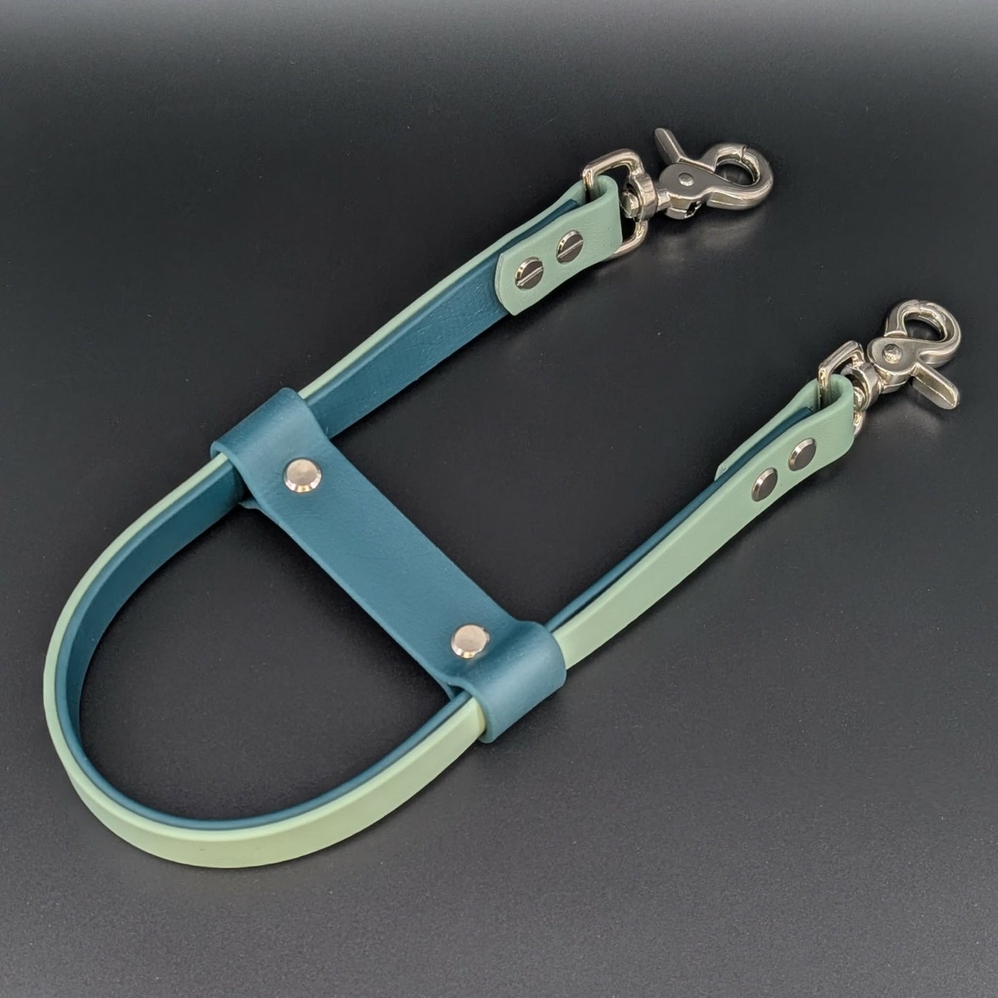 sage green and dark green layered biothane pull strap for service dog