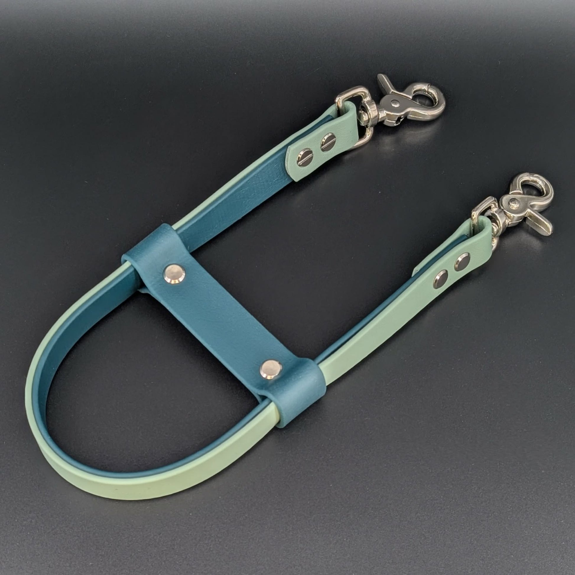 sage green and dark green layered biothane pull strap for service dog