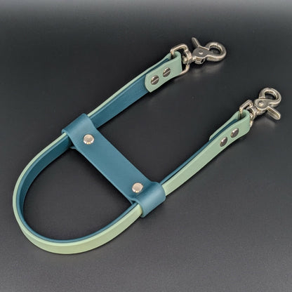 sage green and dark green layered biothane pull strap for service dog