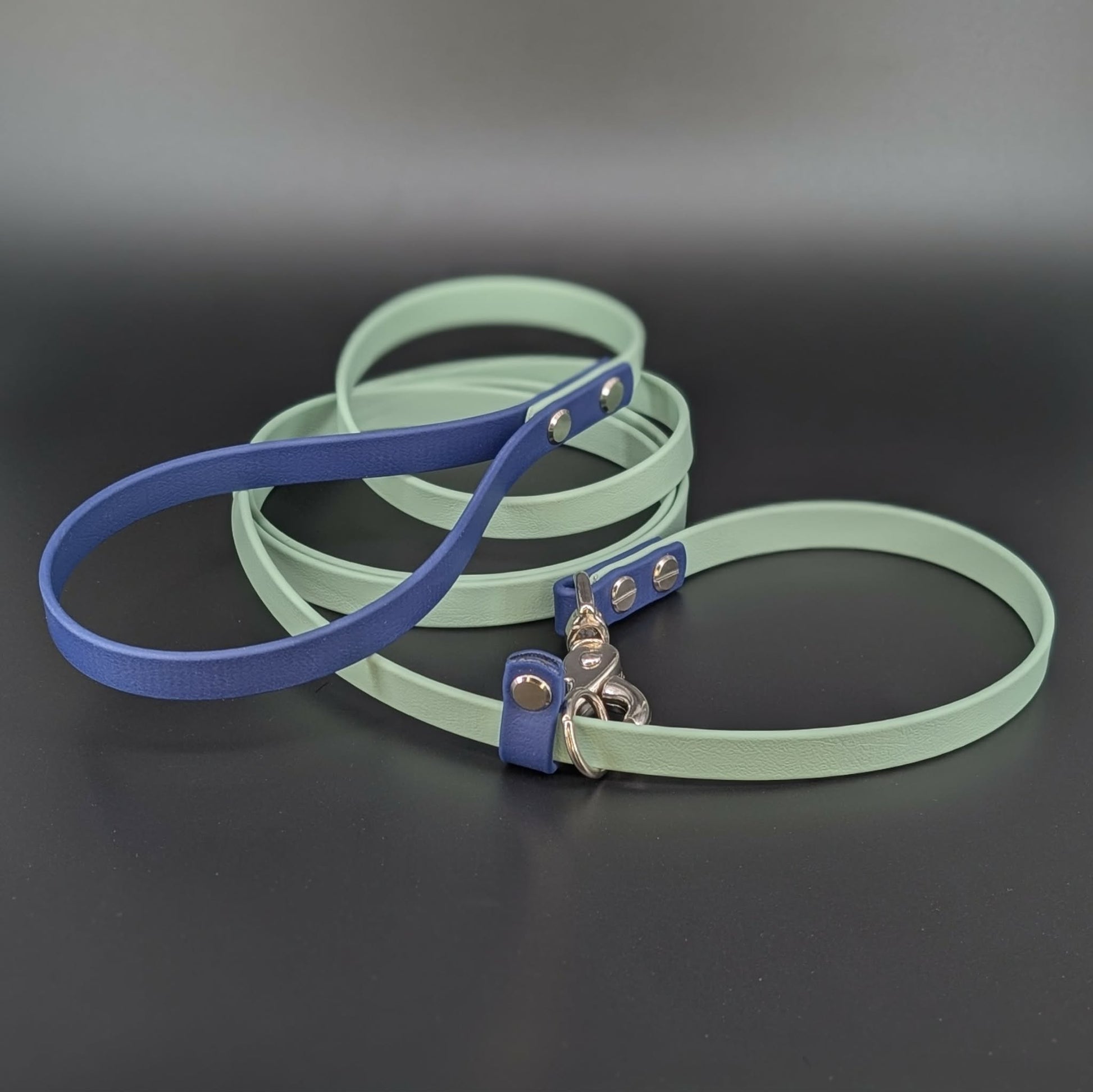 sage green and navy blue biothane slip lead with convertible quick release clip