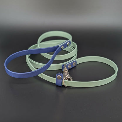 sage green and navy blue biothane slip lead with convertible quick release clip