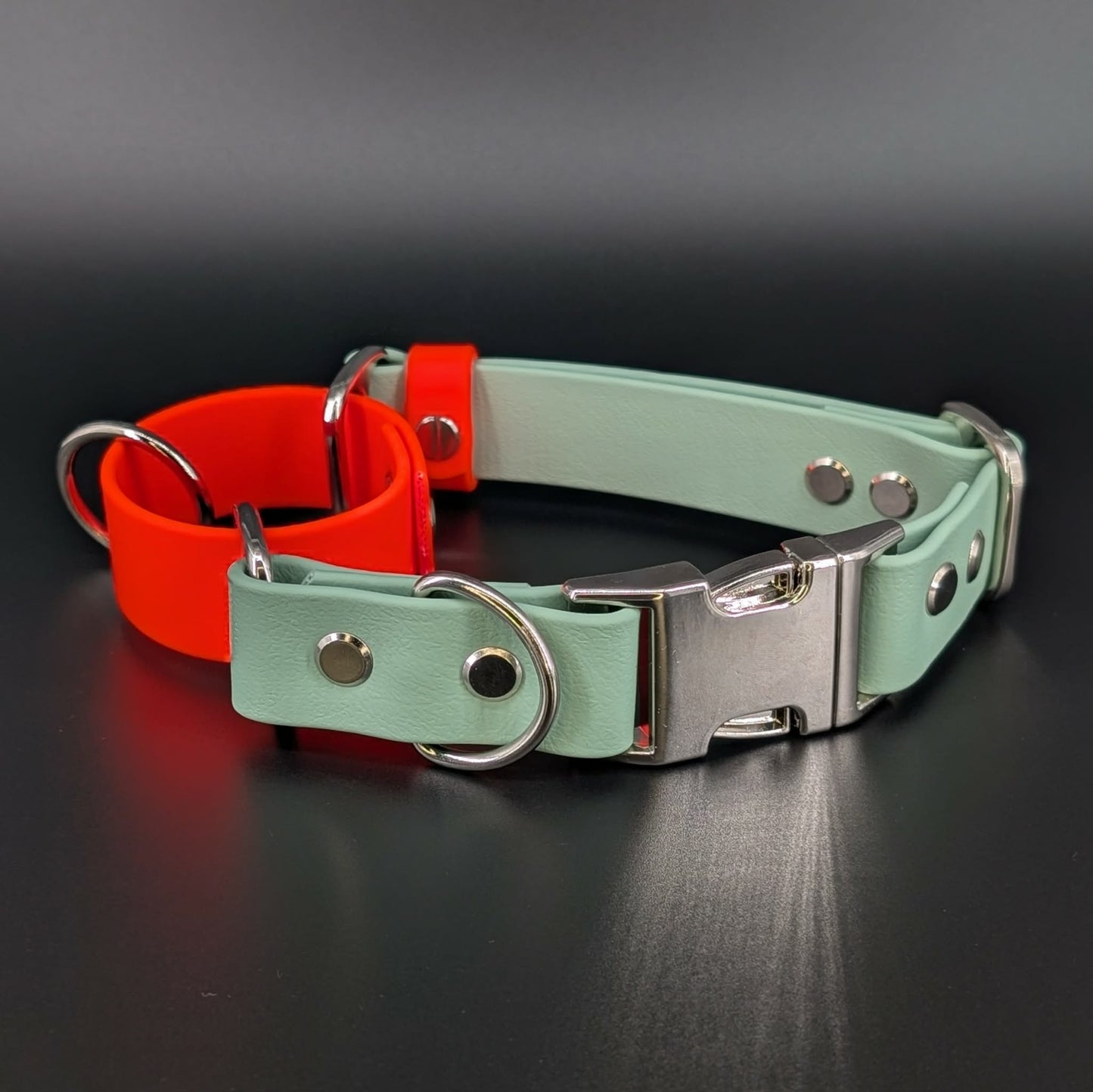 sage green and orange biothane martingale dog collar with silver quick release buckle