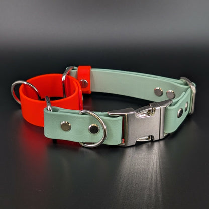 sage green and orange biothane martingale dog collar with silver quick release buckle
