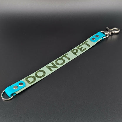 sage green and teal biothane leash extender with dark green glitter do not pet warning