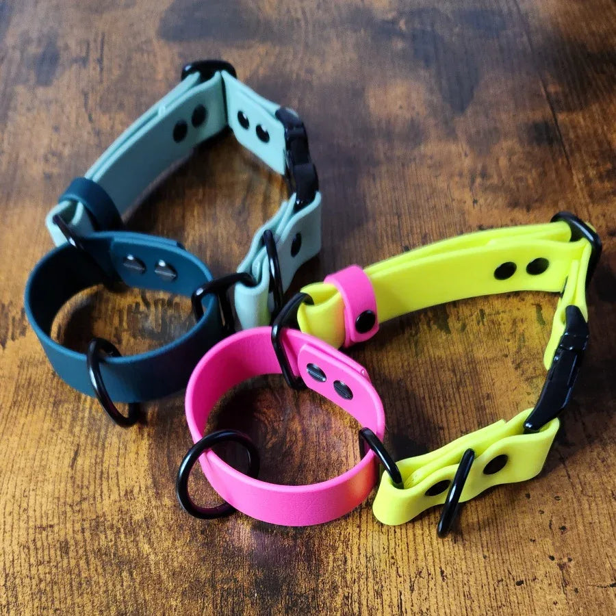 sage with dark green and yellow with pink biothane martingale dog collars