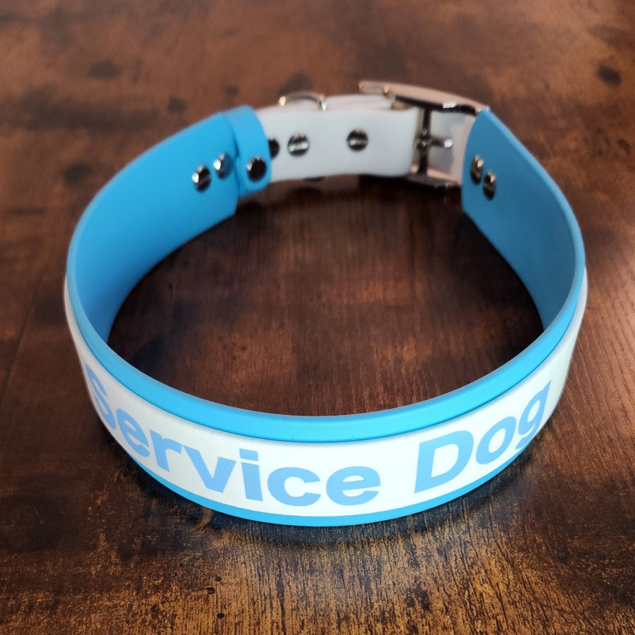 service dog collar light blue and white layered biothane
