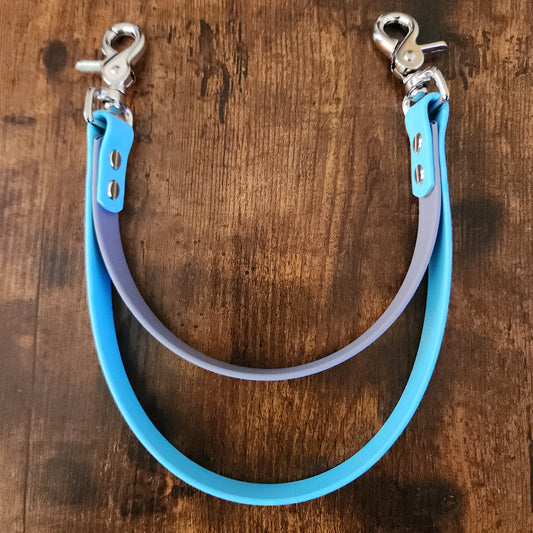 light blue and gray biothane double pull strap for service dog tasking