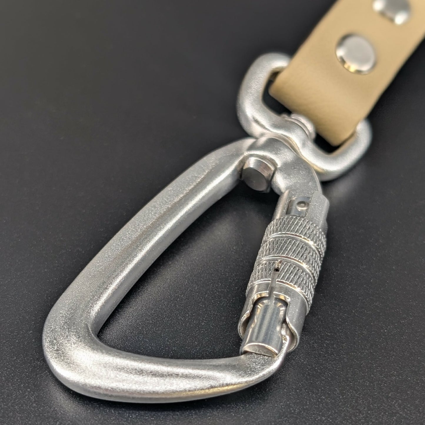 silver carabiner clip on brown and tan biothane leash