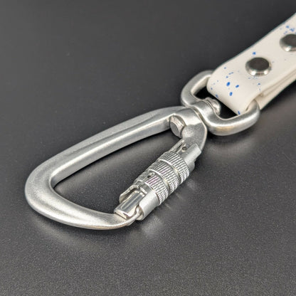 silver carabiner clip on white biothane traffic handle