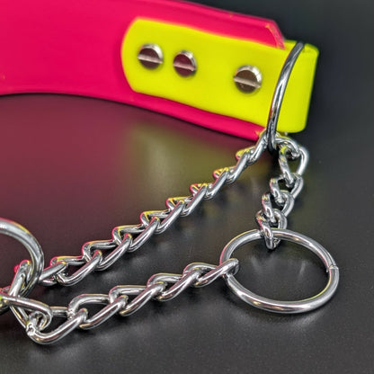 silver chain martingale on layered biothane dog collar