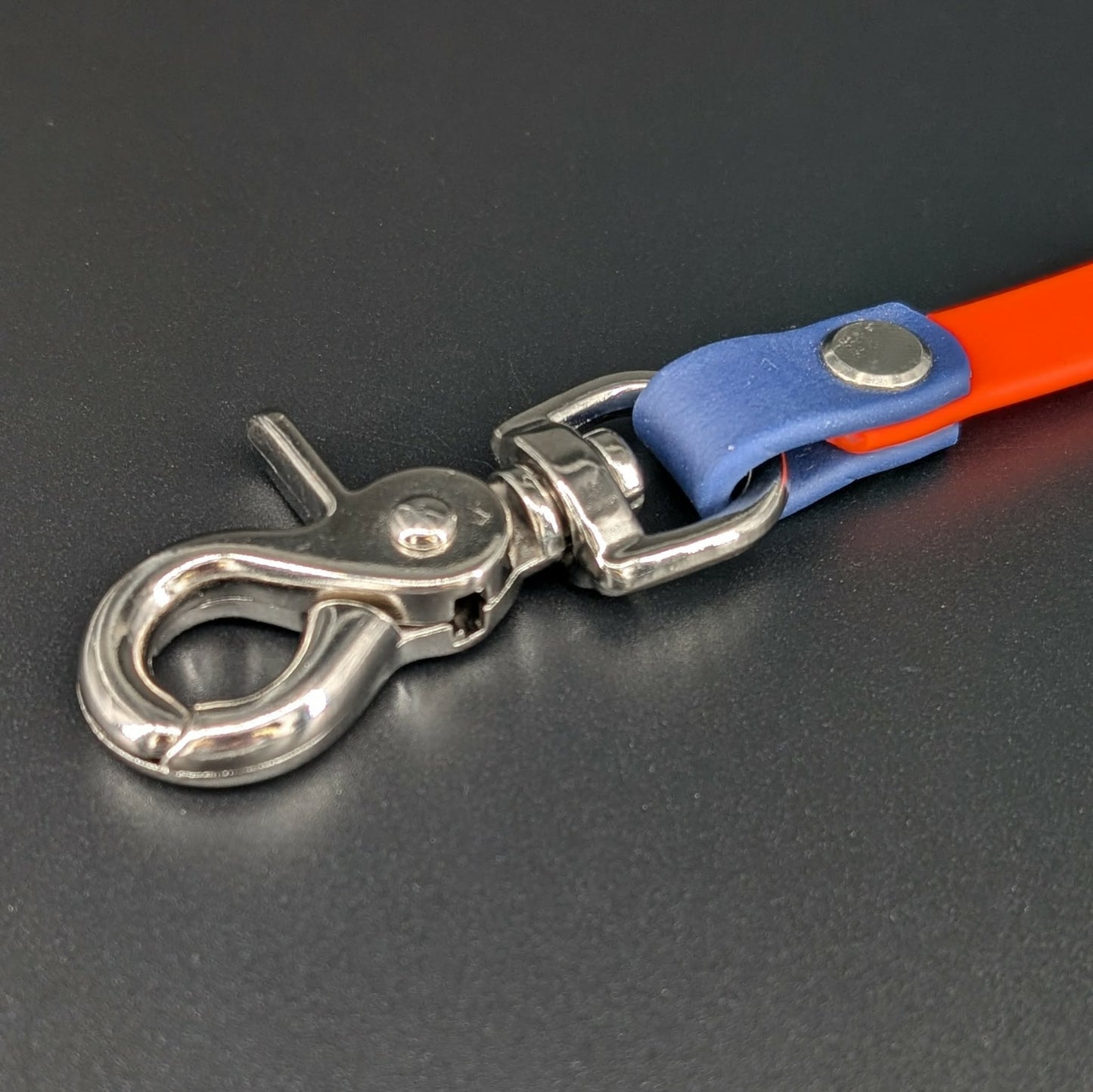 silver hardware on orange and navy biothane prong collar backup clip