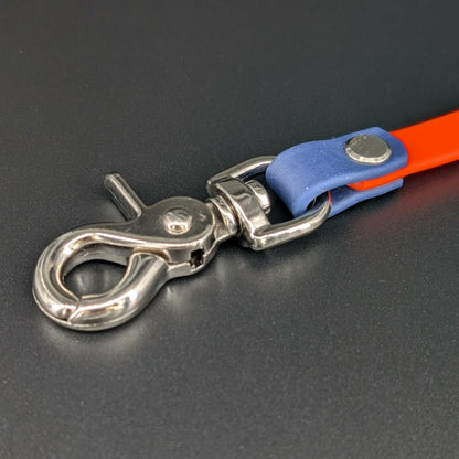 silver hardware on orange and navy biothane prong collar backup clip