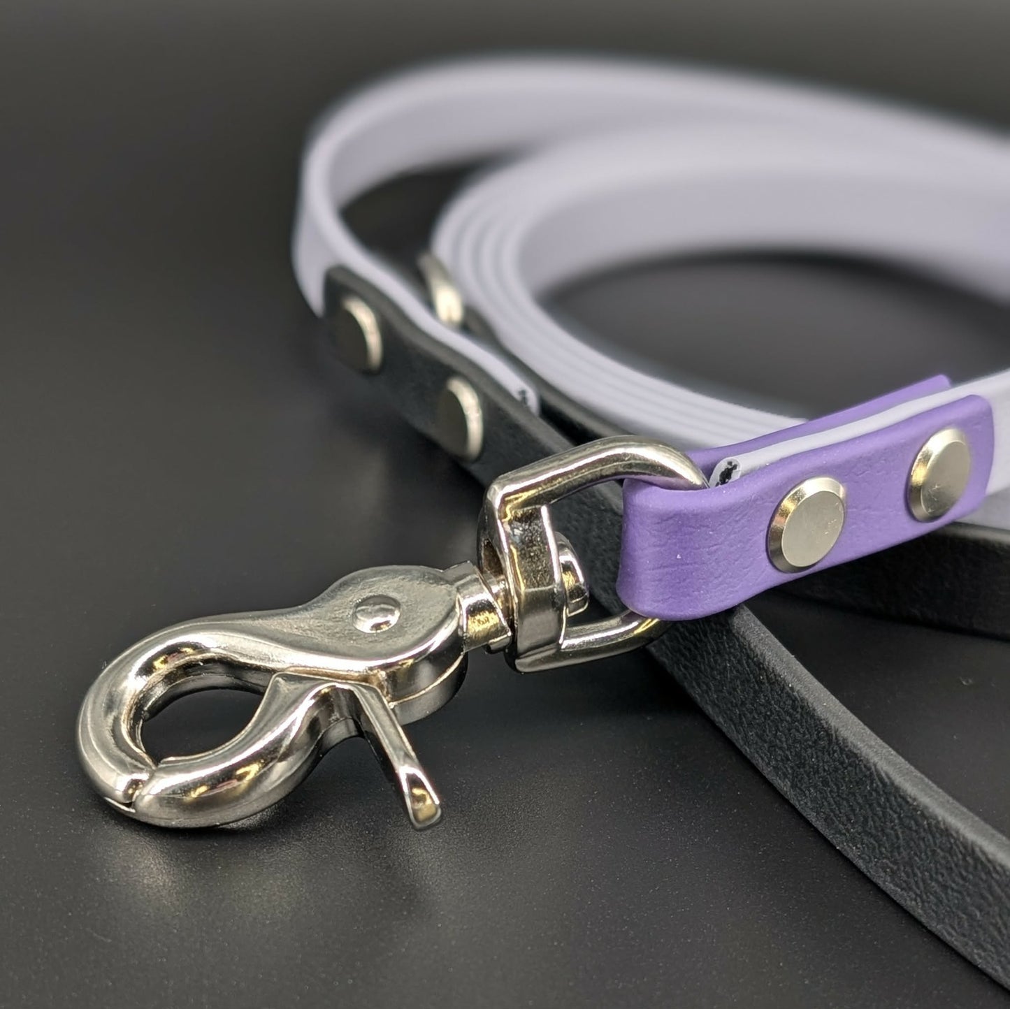 silver trigger snap on gray black and dark purple biothane dog leash
