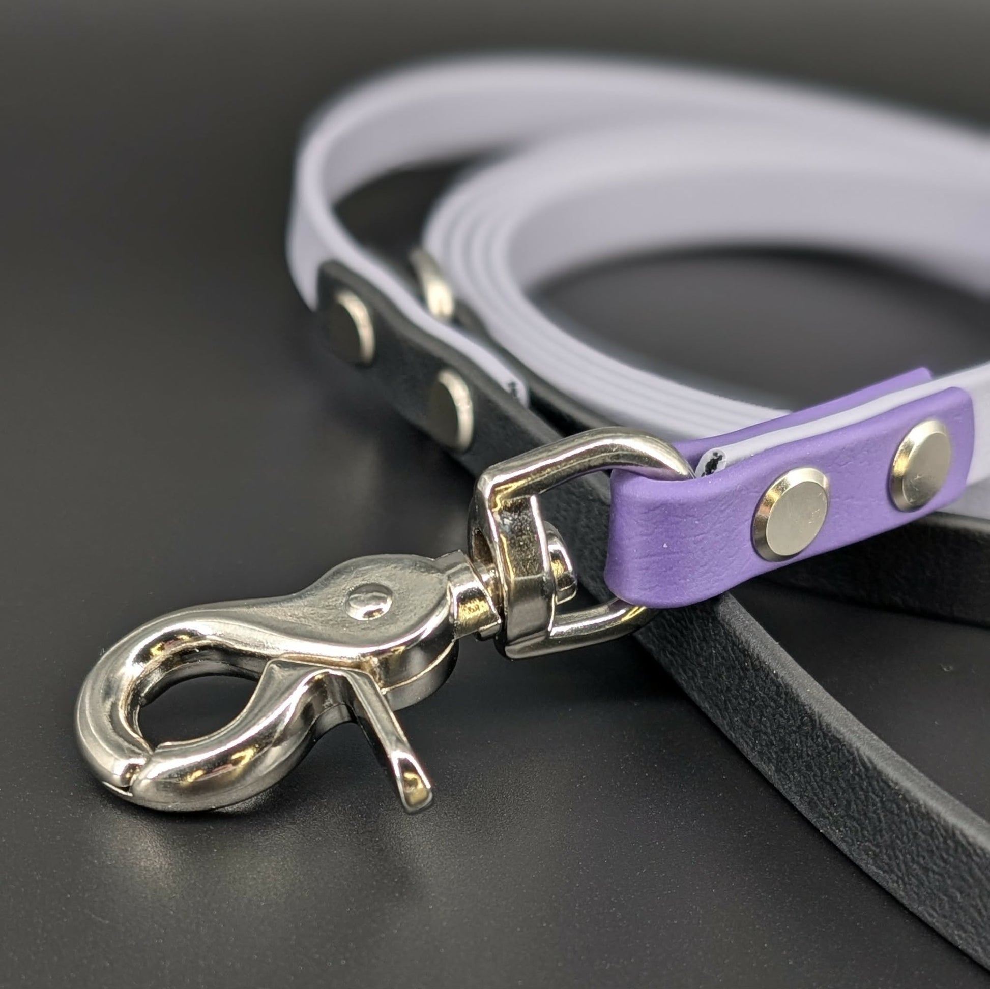 silver trigger snap on gray black and dark purple biothane dog leash