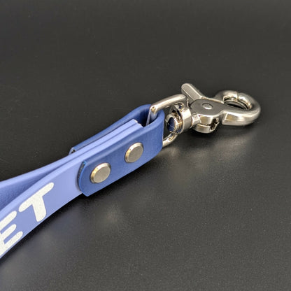 silver trigger snap on periwinkle and navy blue biothane traffic handle