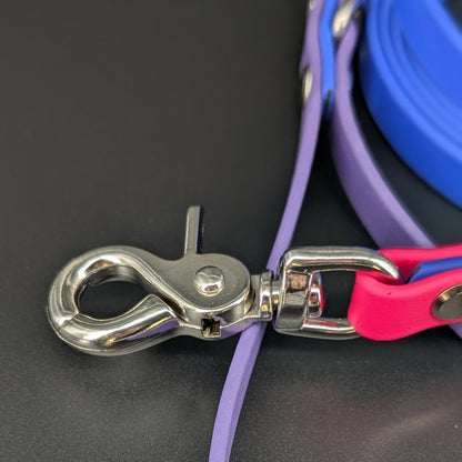 silver trigger snap on royal blue dark purple and pink biothane dog leash
