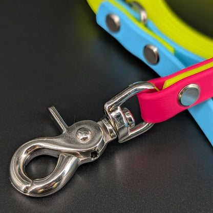 silver trigger snap on yellow light blue and pink biothane dog leash