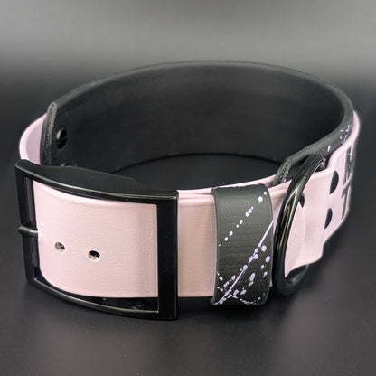 splatter paint on 2 inch wide black and lavender layered biothane collar