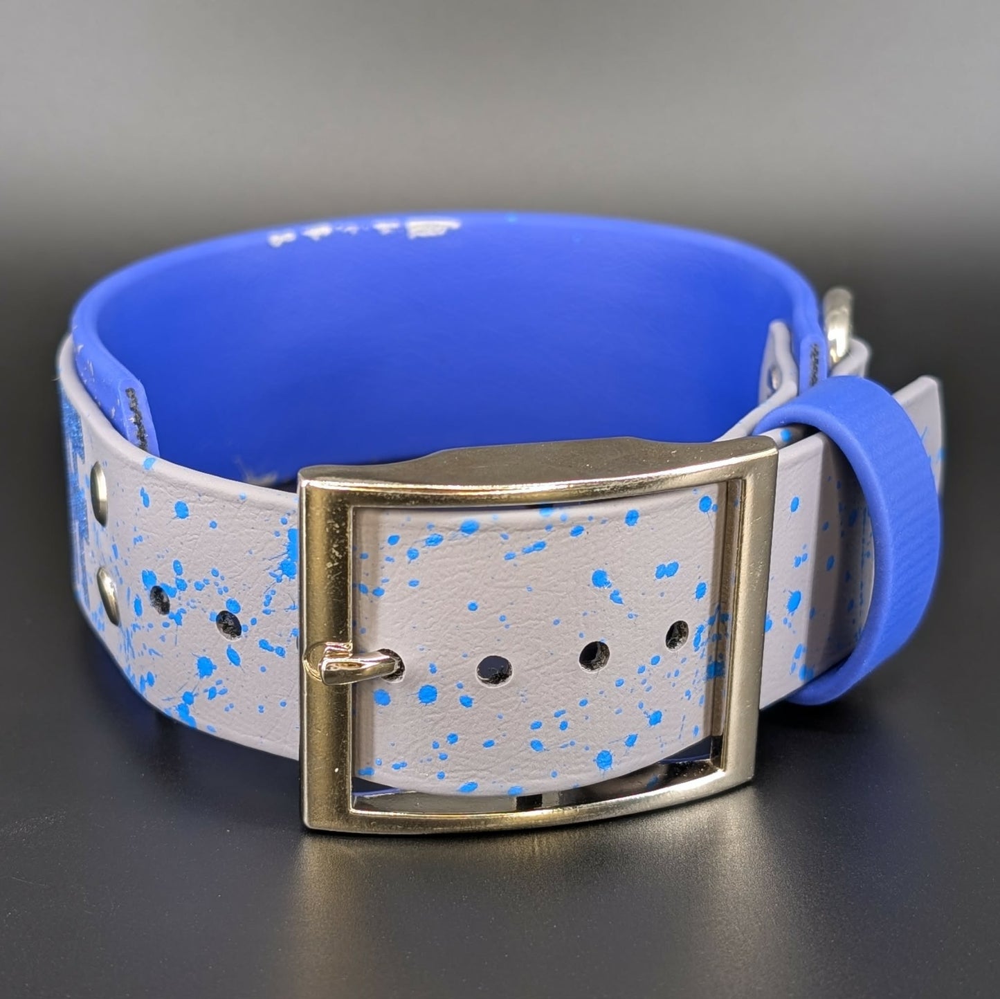 splatter paint on blue and gray layered biothane dog collar