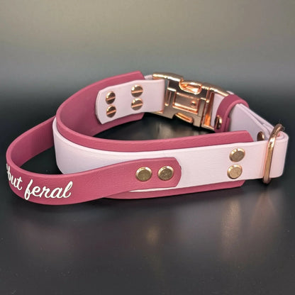 tactical handle wine and lavender biothane dog collar with quick-release buckle and cute but feral text and rose gold hardware
