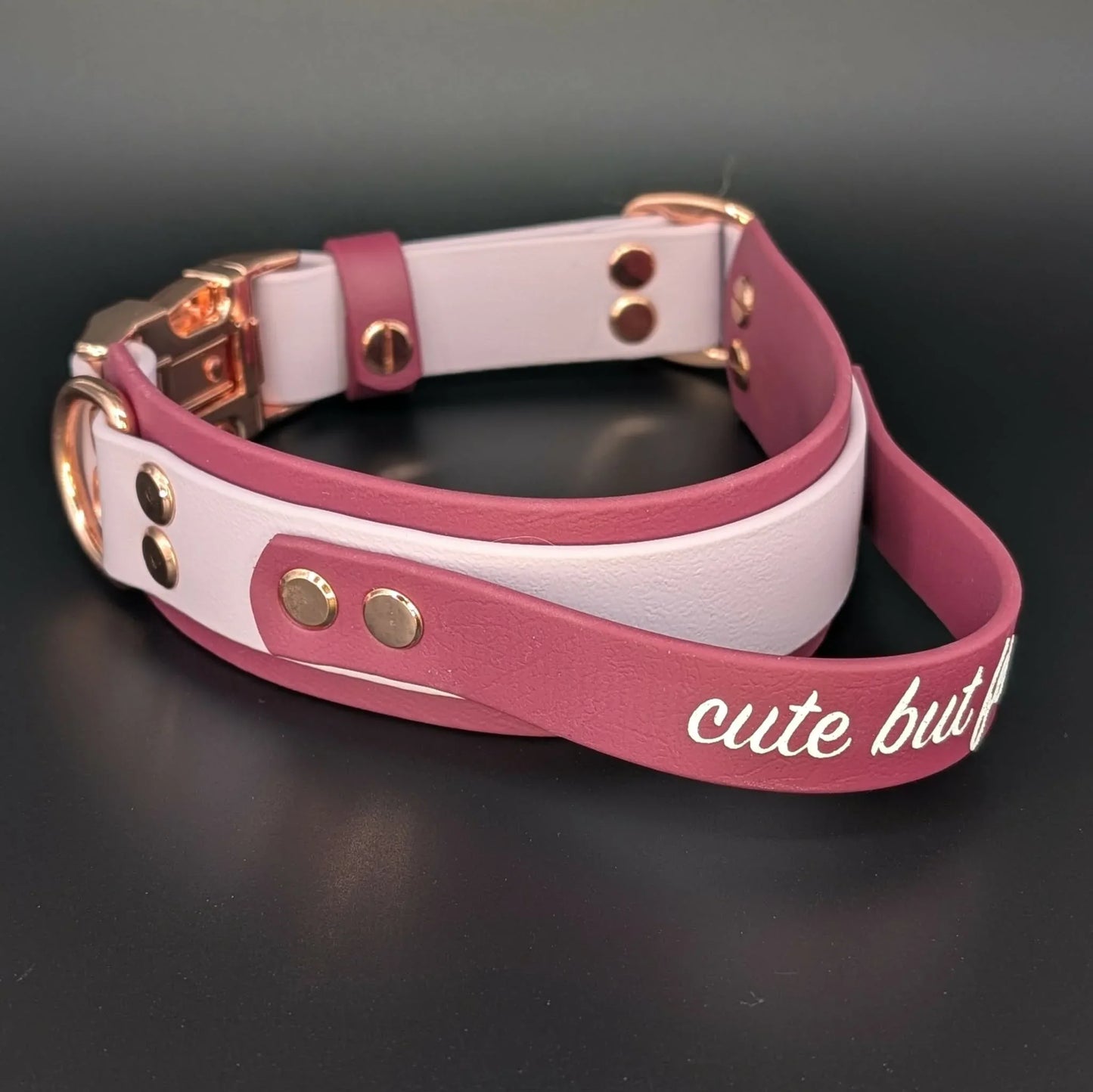 tactical handle dog collar with quick release buckle and cute but feral text