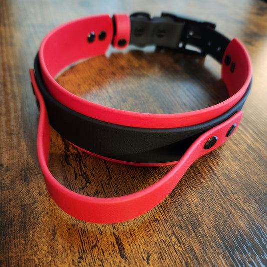 tactical handle dog collar in red and black layered biothane