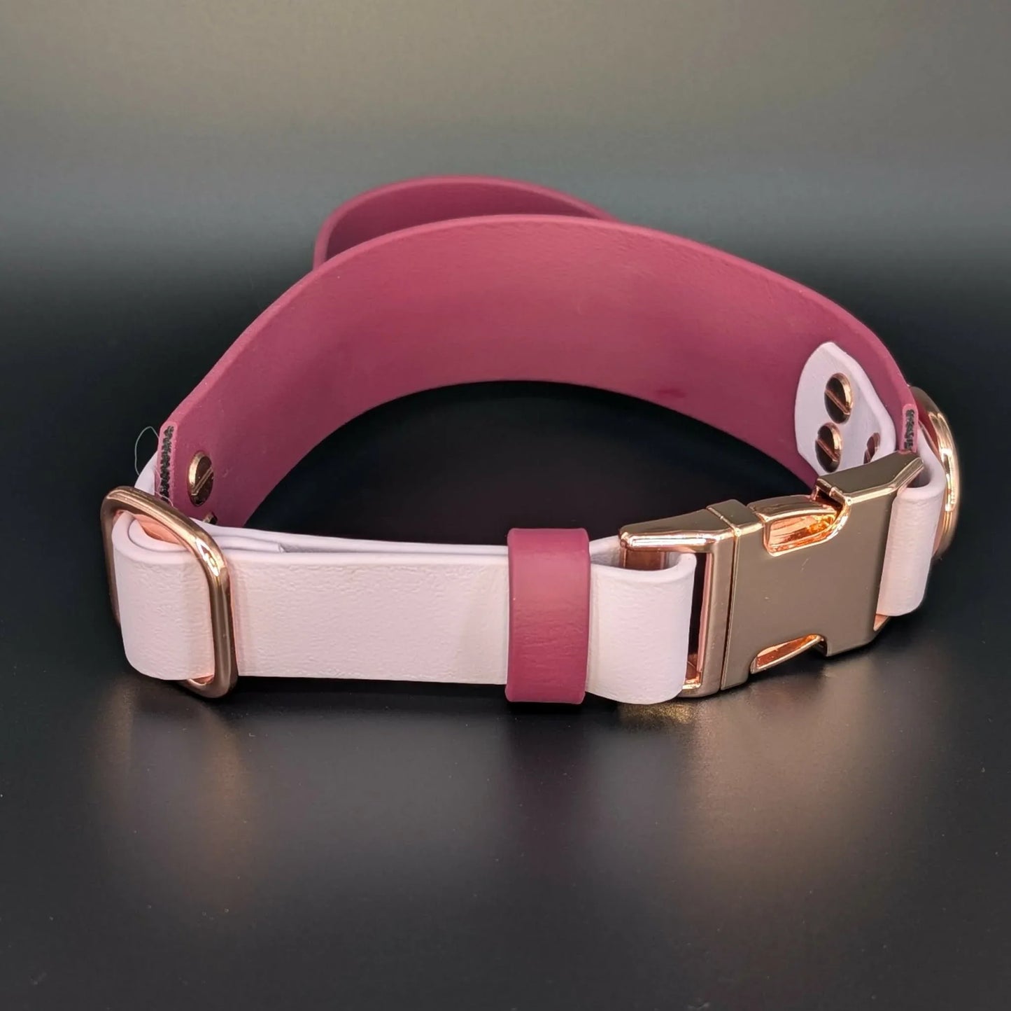 tactical handle wine and lavender biothane dog collar with cute but feral text