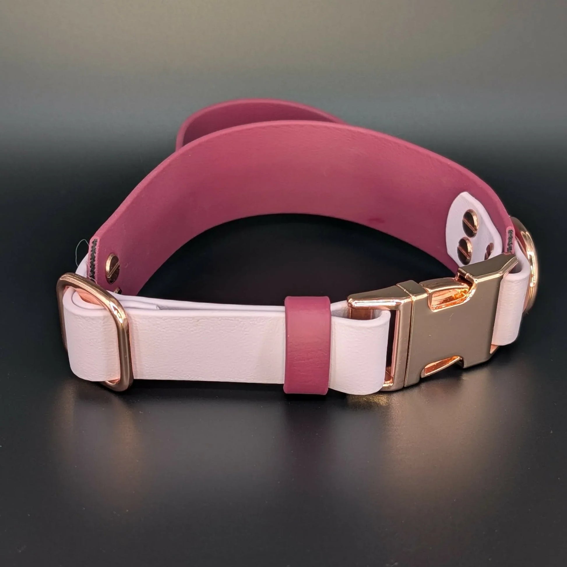 tactical handle wine and lavender biothane dog collar with cute but feral text