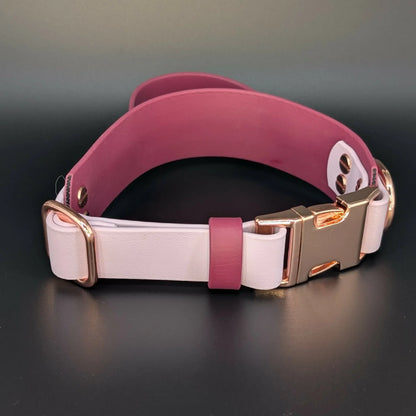 tactical handle wine and lavender biothane dog collar with cute but feral text