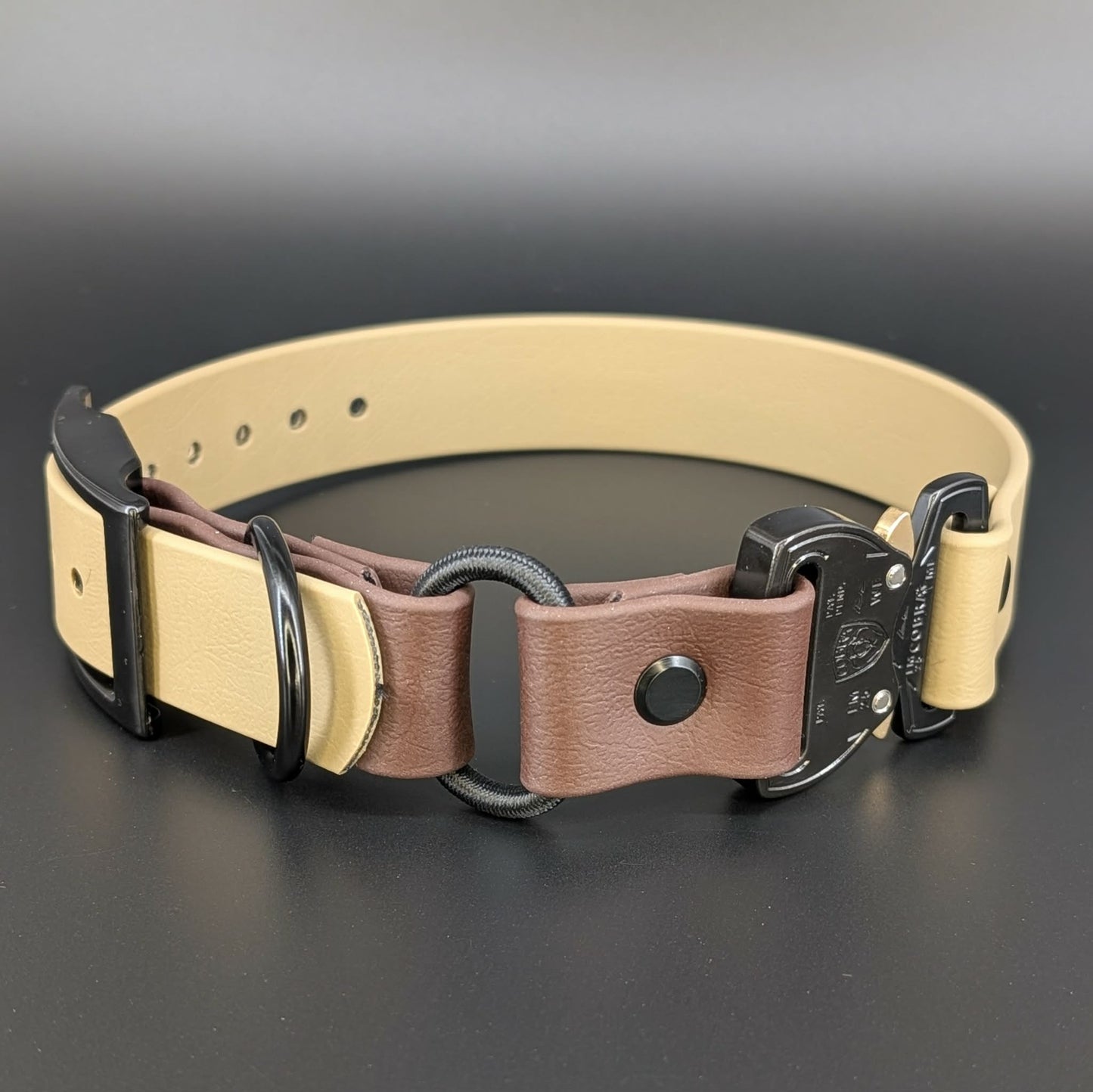 tan and dark brown biothan -e-collar strap with bungee and quick release cobra buckle