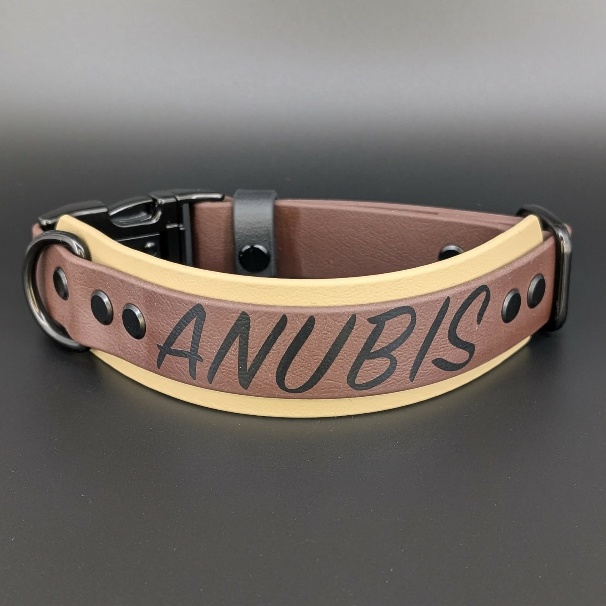tan and dark brown layered biothane dog collar with quick release buckle