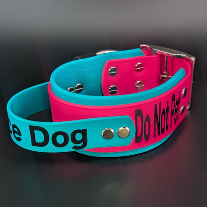 teal and pink layered biothane dog collar with tactical handle and custom text