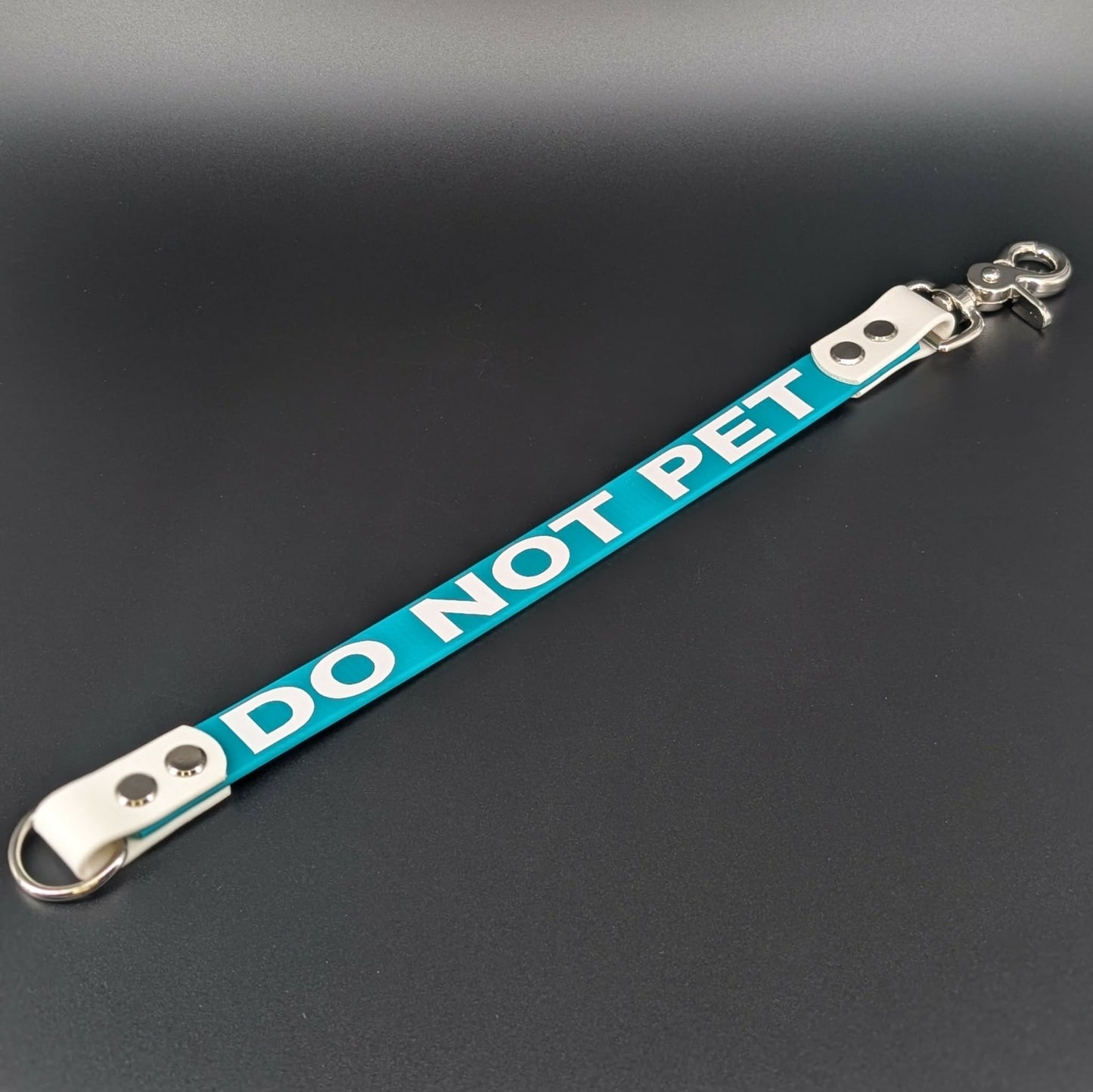 teal and white biothane do not pet leash extender warning